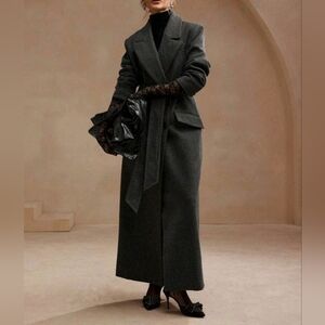 New Luxe Double Breasted Tie Waist Maxi Coat Dark Gray